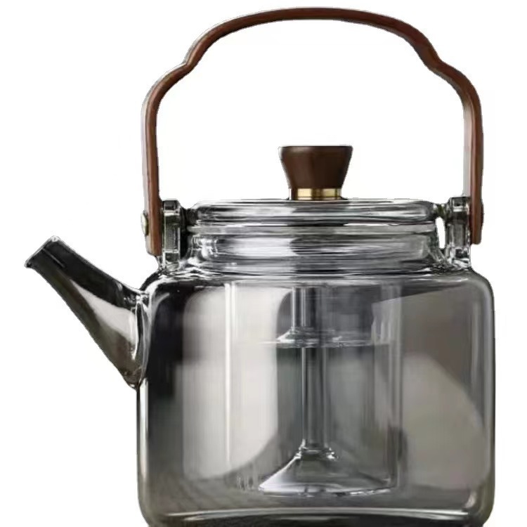 High borosilicate glass teapot, walnut wood, smoky grey handle teapot, double-pot teapot for brewing tea around the stove Item Picture