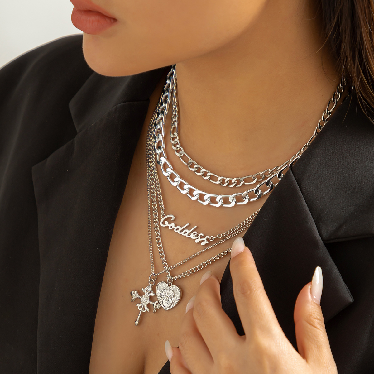 European and American cross-border jewelry, retro multi-layered human figure cross pendant necklace, hip-hop style letter chain necklace for women Specification drawing