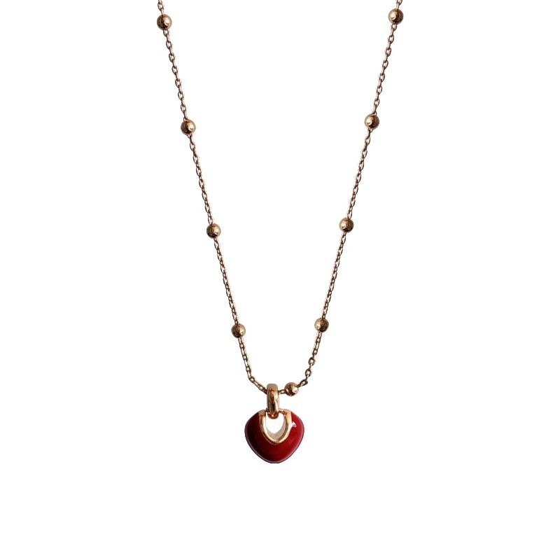 French glazed red heart-shaped necklace, autumn and winter collarbone chain, light luxury feminine pendant, niche design sense necklace Item Picture