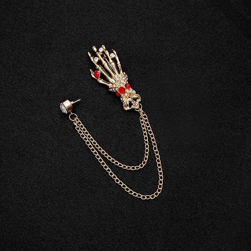 European and American fashion, British retro, diamond-encrusted skull, palm bone, multi-layer chain, tassel collar, pin, brooch full figure