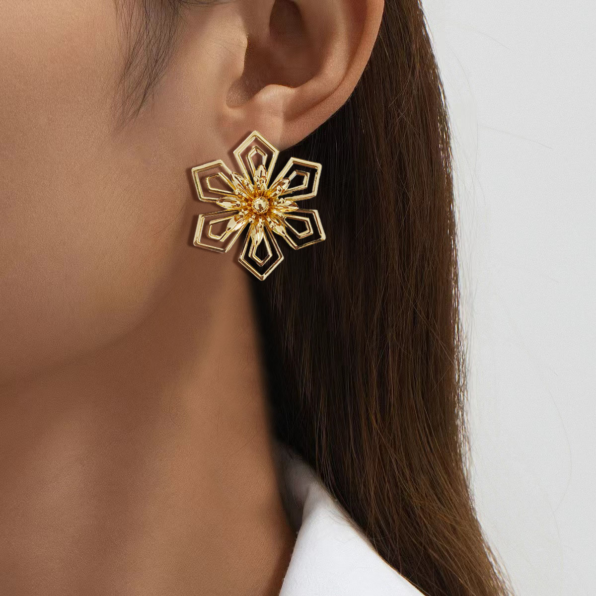 European and American cross-border supply, fashionable and individual, exaggerated hollowed-out flower earrings, women's niche design sense ear studs, elegant earrings Application Scenario
