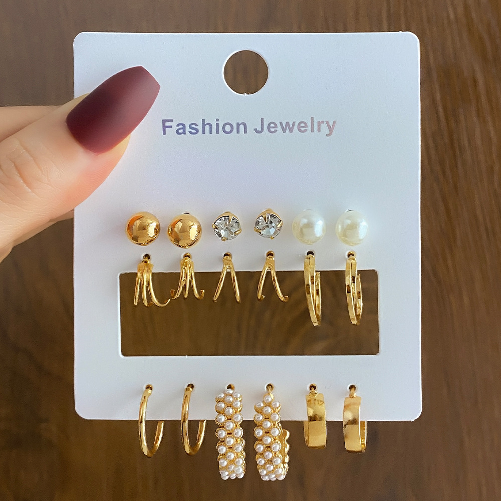 European and American cross-border pearl and water diamond earrings, exaggerated and elegant set earrings, Korean style simple and versatile stud earrings wholesale full figure