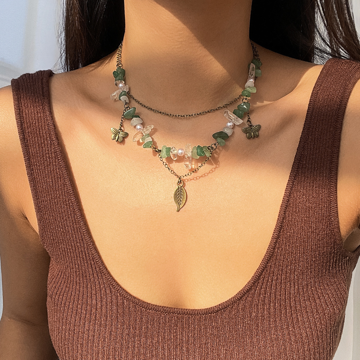 New Chinese-style retro moon zircon necklace, mint wavy style, green leaf sweet and cool layered necklace, cross-border accessories from Europe and America details Picture