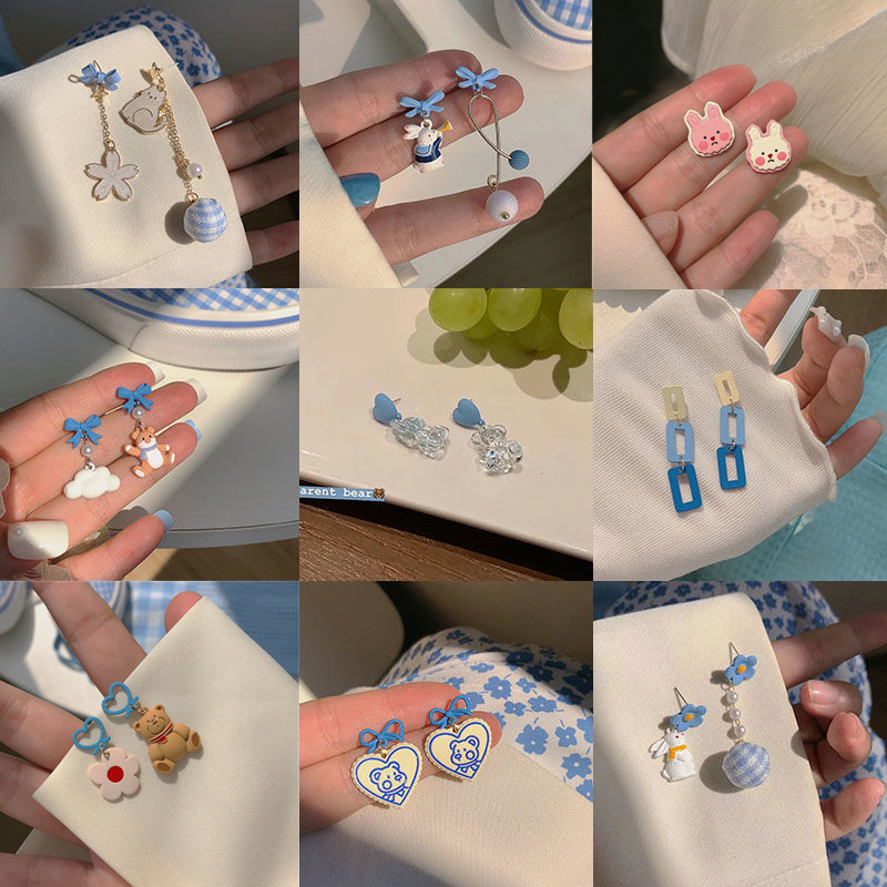 New 2025 blue stud earrings for female students, Korean style, cute 925 silver, versatile, asymmetrical blue earrings full figure