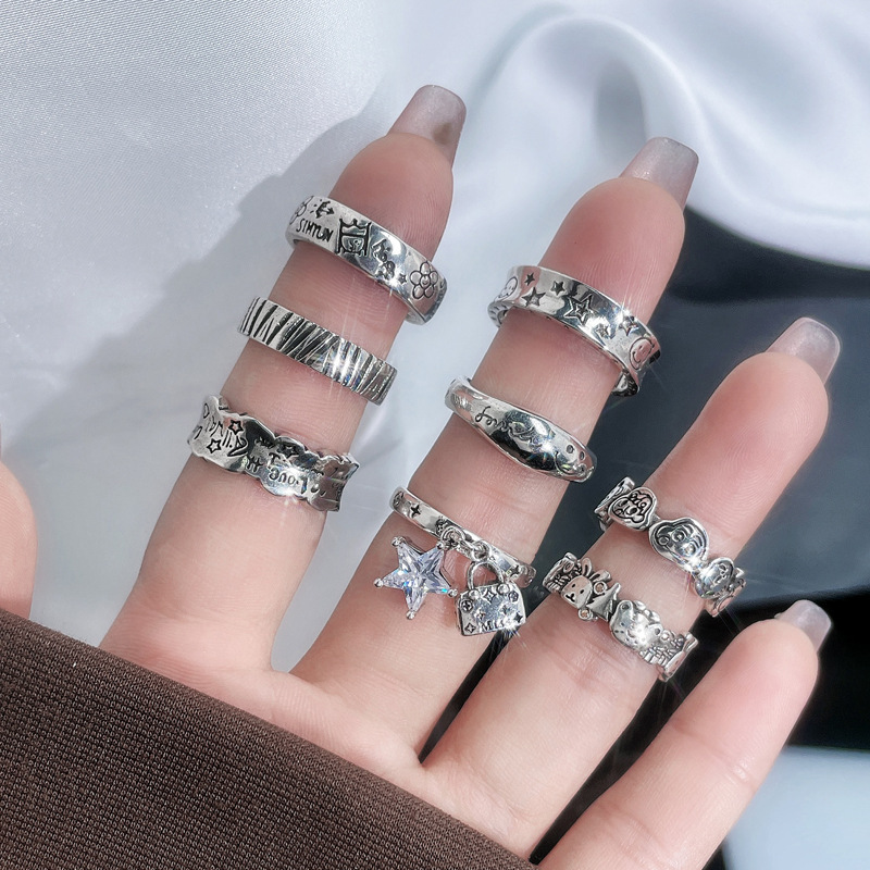 Graffiti retro and aged personalized open ring, female letter cartoon student, cool and fashionable, niche design index finger ring details Picture