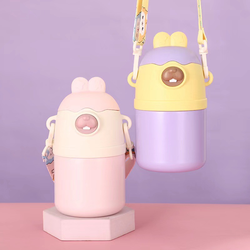Wholesale new 316 stainless steel children's insulated cups, outdoor water bottles, bucktoothed rabbit student shoulder strap insulated cups from the manufacturer details Picture