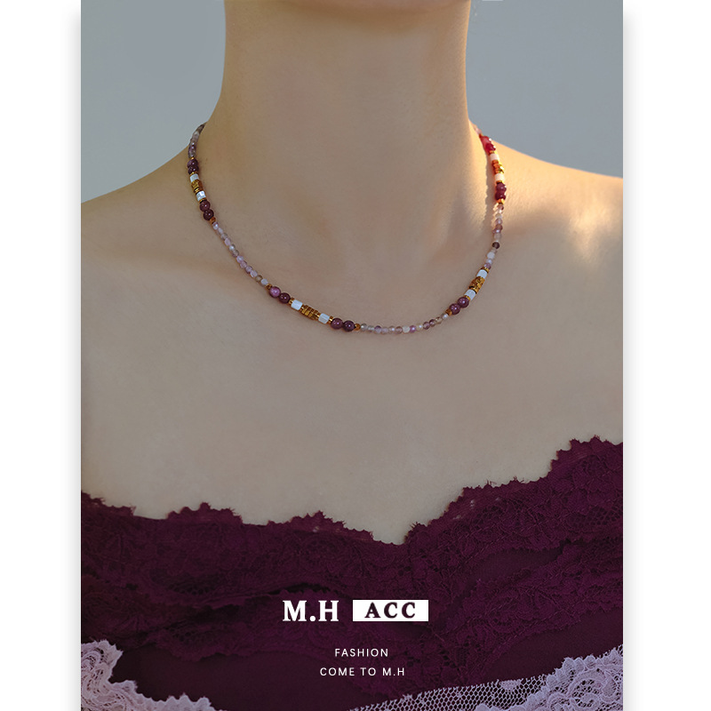 Amethyst black gallstone beaded necklace for women, fresh and elegant, versatile, high-end, simple and fashionable collarbone chain Specification drawing