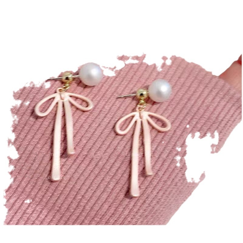 Pink bow double-wear pearl stud earrings, unique back-hanging earrings for girls in summer, with a light luxury and high-end feel Item Picture