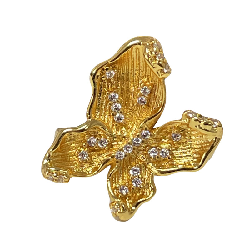 Ancient-style golden butterfly ring for women, set with zircon, with a niche design sense, light luxury and exquisite, double-layer sweet and cool index finger ring trend Item Picture