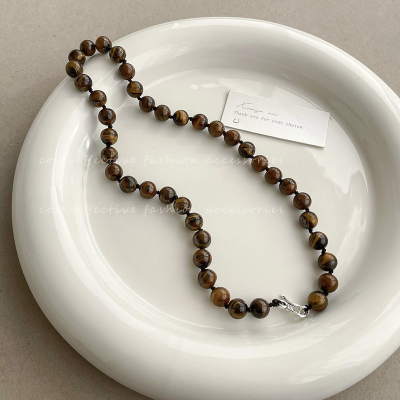Autumn and winter tiger's eye stone beaded necklace, light luxury and niche retro sweatshirt, collarbone chain, cold style sweater chain Specification drawing