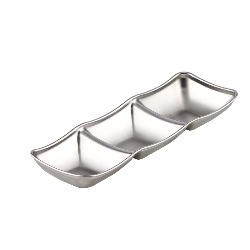 Korean-style 304 stainless steel seasoning plates, sauce plates, golden commercial dipping sauce plates, two or three compartments, barbecue restaurant tableware Item Picture