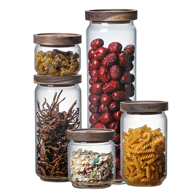 Wholesale of acacia wood glass storage jars, kitchen storage sealed jars, grain storage jars and coffee storage jars Item Picture