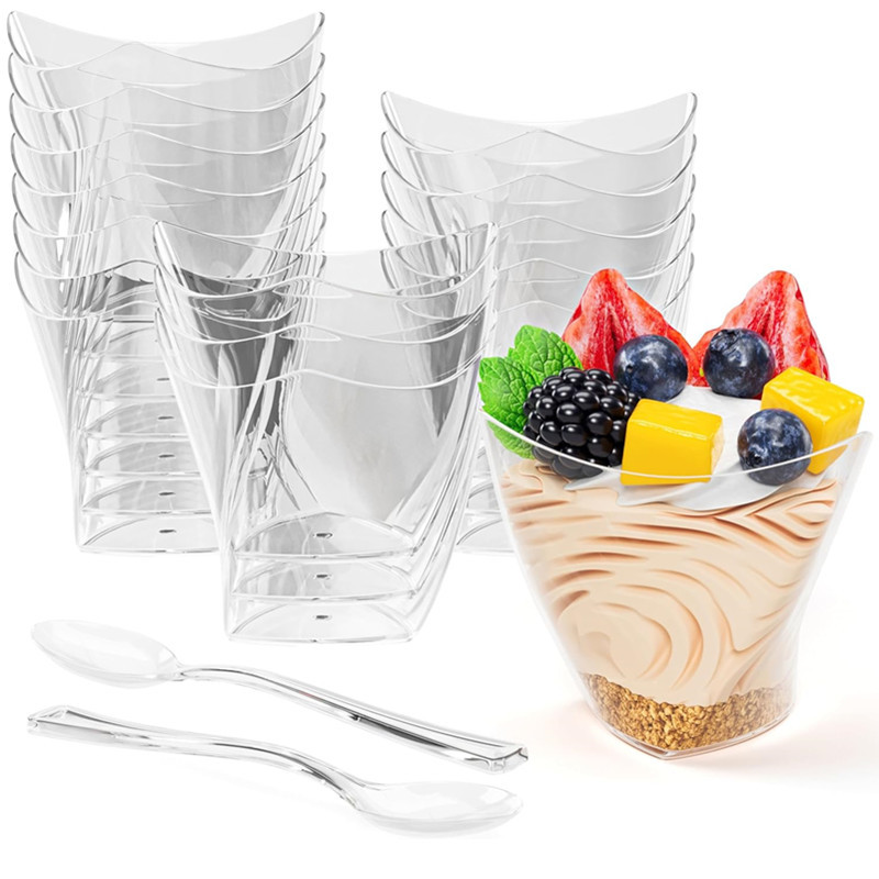 Wholesale 110ML mini dessert cups with spoons, disposable twist-edge plastic cups, suitable for birthday, wedding and party cups Item Picture