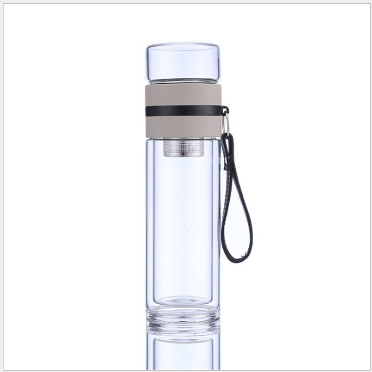 Portable double-layer glass cup with tea and water separation, transparent water cup with a hanging strap, men's business office advertising logo customization Item Picture
