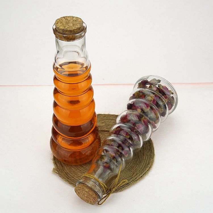 New 350ML glass beverage bottle, flower tea bottle, gourd bottle, wooden stopper bottle, creative glass container Specification drawing