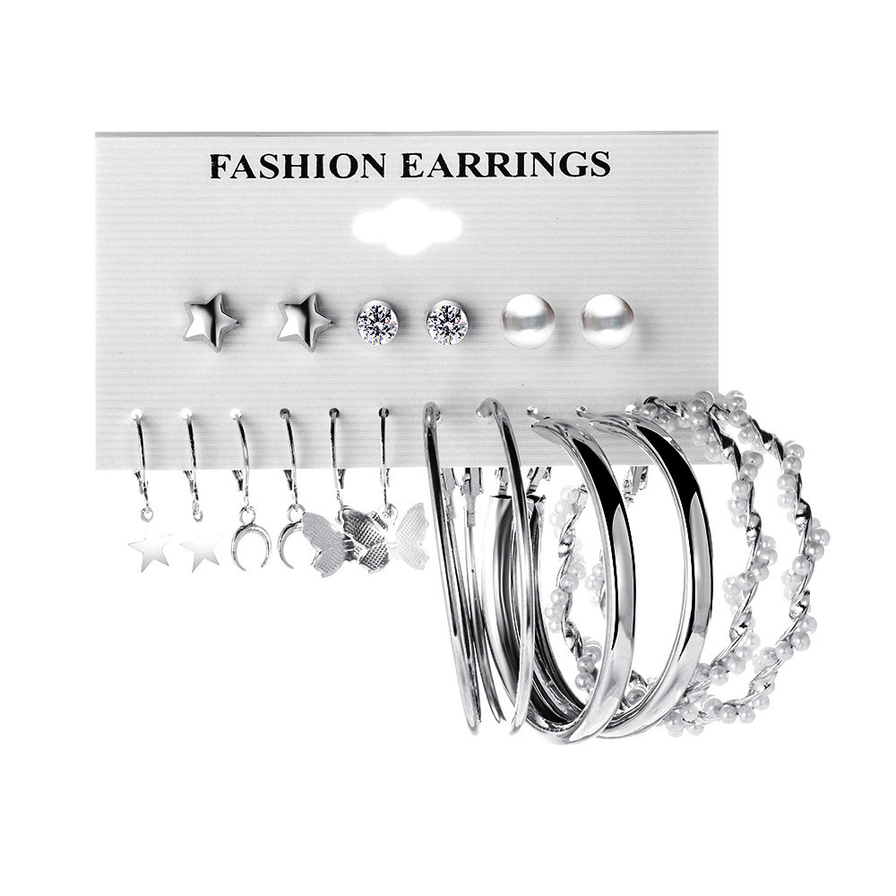 Wholesale of new cross-border silver butterfly pearl earrings, creative and simple five-pointed star moon earrings set of 9 pairs Item Picture