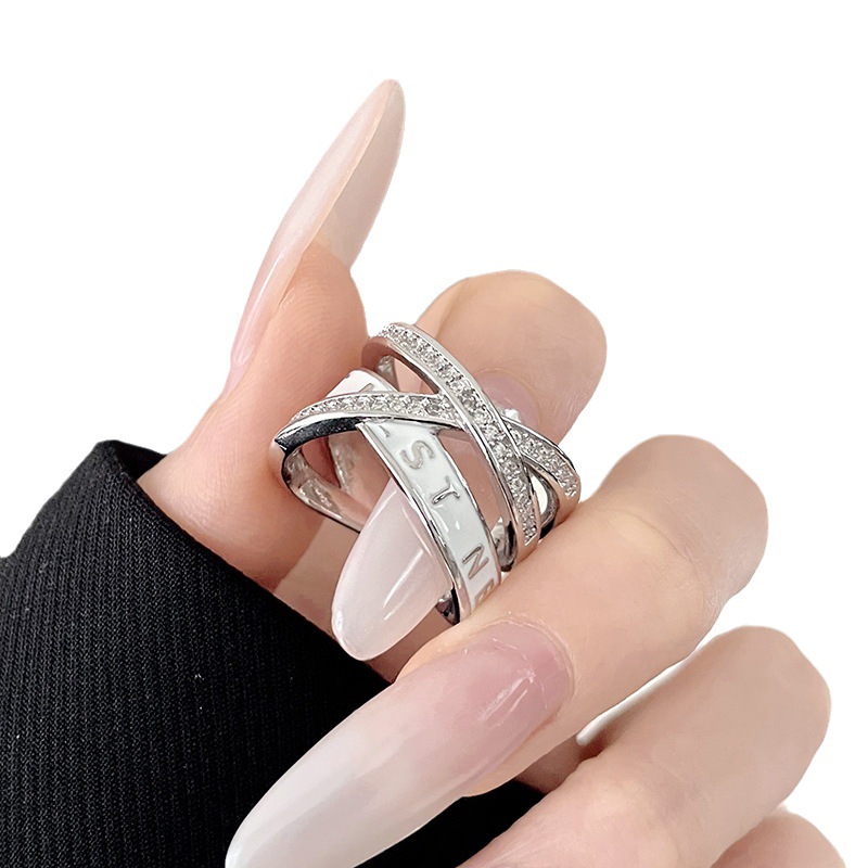 Saturn letter three-layer hollowed-out diamond-encrusted oil drip ring, a female Internet celebrity's light luxury, trendy and high-end surrounding enamel open ring Item Picture