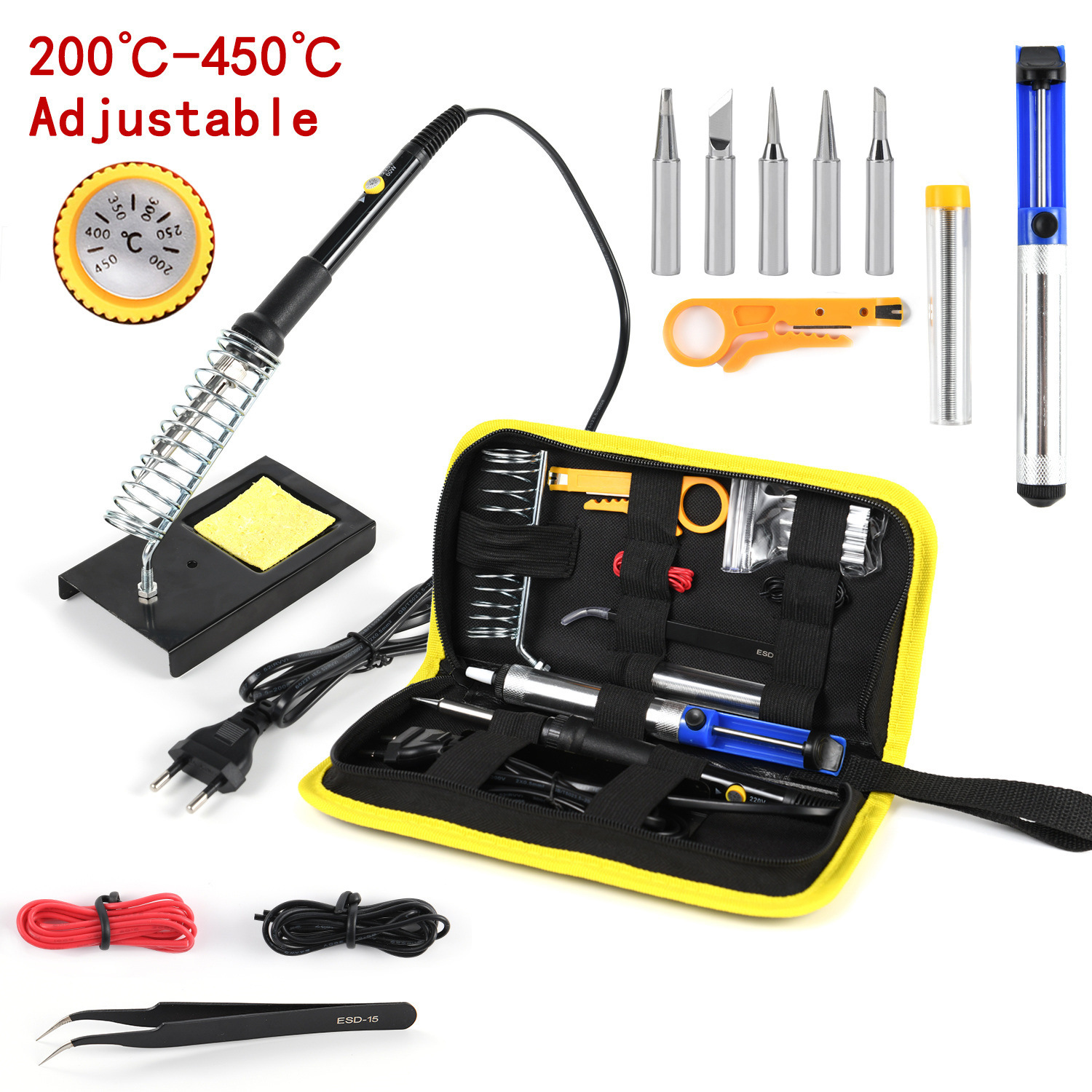 Adjustable temperature soldering iron soldering tool kit 15-piece set, British and American standard 908 60W Rockiron soldering pen details Picture
