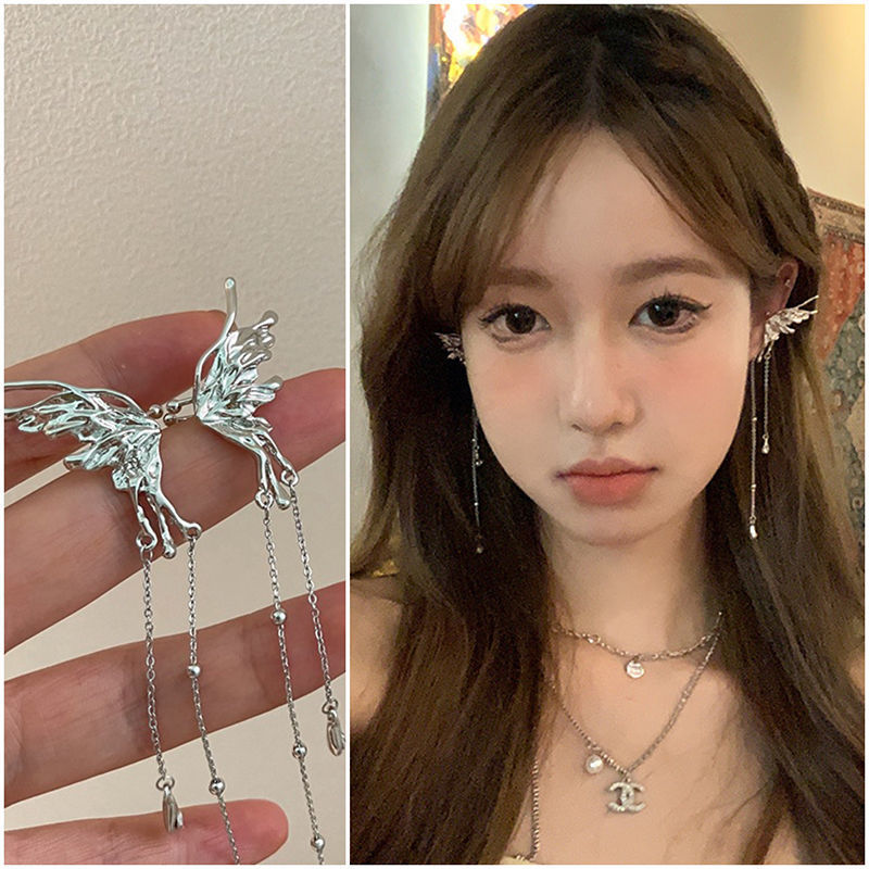 Super fairy-like ~ Fairy butterfly tassel ear clips for women, no ear piercings, ear bone clips, elegant and high-end ear-hanging earrings details Picture
