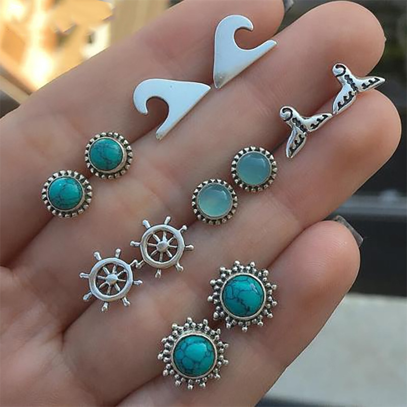 Wholesale of 6 pairs of stud earrings from the Navy Series fishtail rudder Gemstones on AliExpress, a cross-border fashion platform for Europe and America full figure