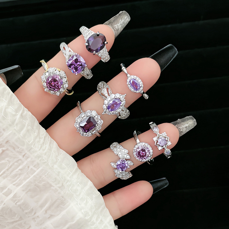 Sweet and cool geometric purple diamond zircon high-end and elegant open ring, cold and elegant feminine style, light luxury texture, niche food ring Specification drawing