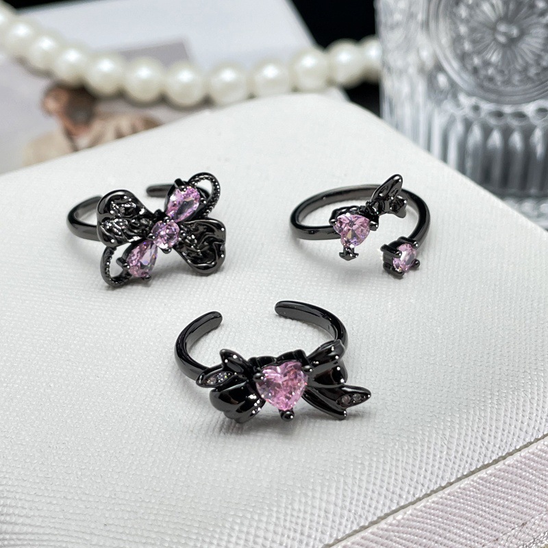 Cool dark style pink diamond heart-shaped bow open ring for women on Instagram, cold style, hot girl fashion ring Specification drawing