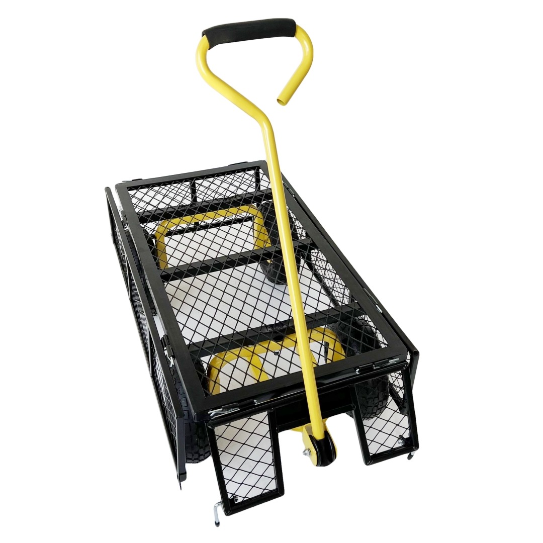 Side-detachable steel outdoor towing practical four-wheel garden trolley, heavy-duty durable steel mesh transport trolley Specification drawing