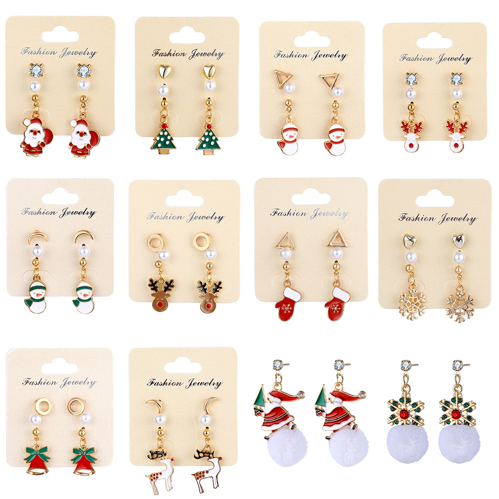 Christmas snowflake elk bell alloy earrings, European and American cross-border Christmas tree resin stud earrings full figure