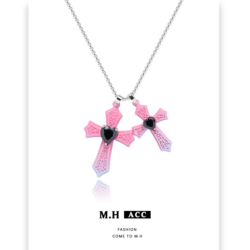 Cross-border pink and blue cross necklace, women's retro hip-hop European and American style pendant, fashionable and versatile long necklace wholesale Specification drawing