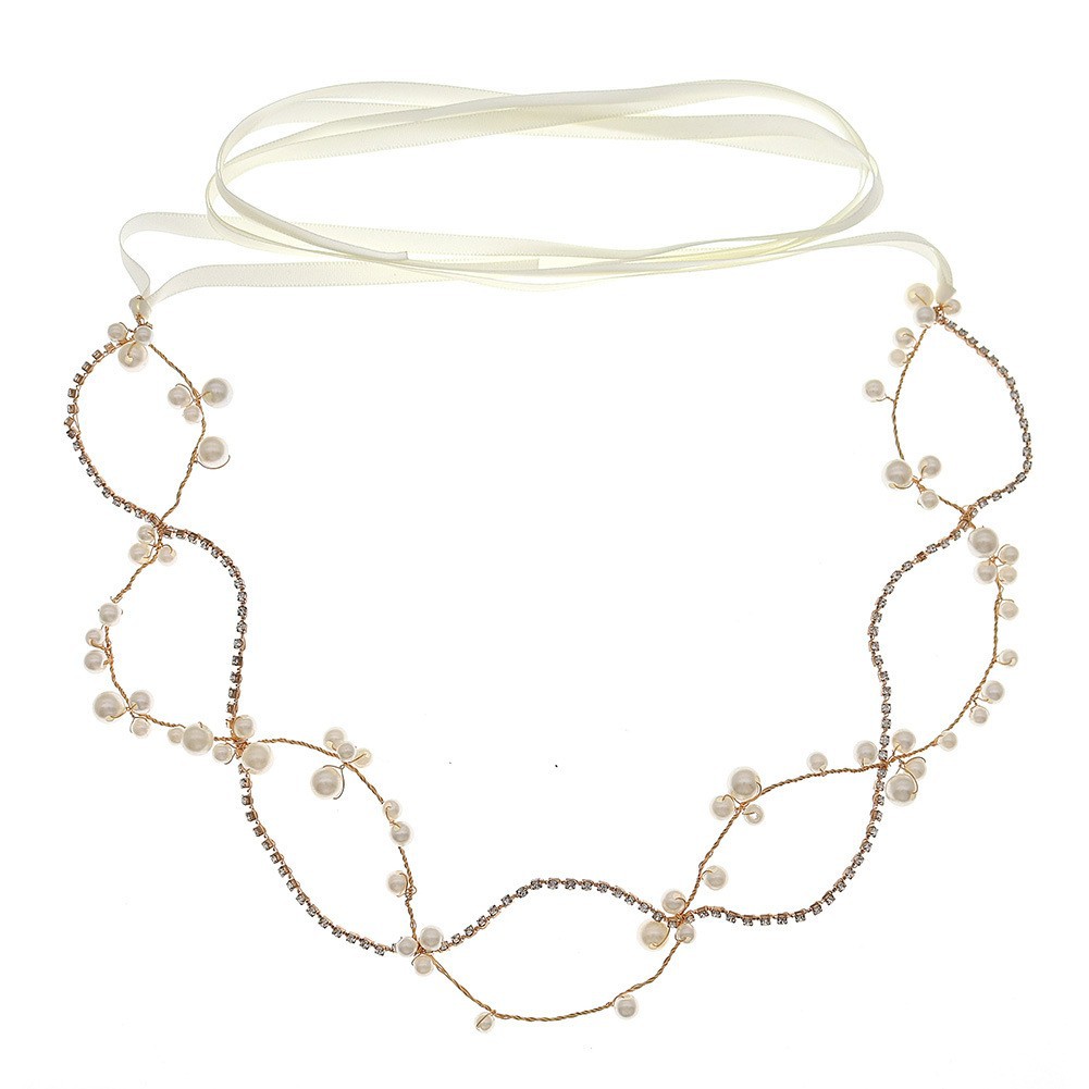 The new Korean version of the bride's hair accessory, wedding dress, dress, makeup, updo, double-layer pearl hair band, creative design and ribbon headwear Item Picture