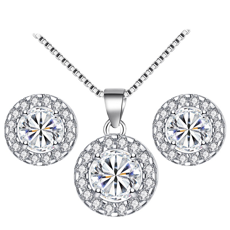 European and American classic noble and fashionable jewelry, elegant necklace, stud earrings, two-piece set, round zircon set, earrings and necklaces Item Picture