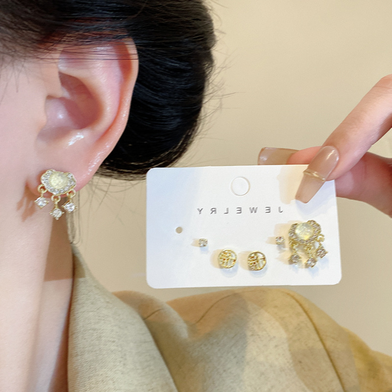 New Chinese-style peace lock set of six pieces earrings, women's diamond-encrusted high-end stud earrings, unique New Year style earrings details Picture