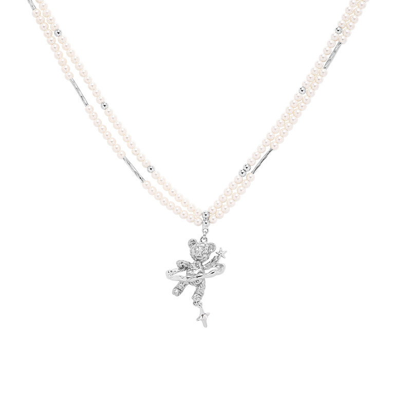 Little Bear Star Pearl necklace for women, light luxury, niche, double-layered collarbone chain, original style, silver fashion pendant trend Item Picture