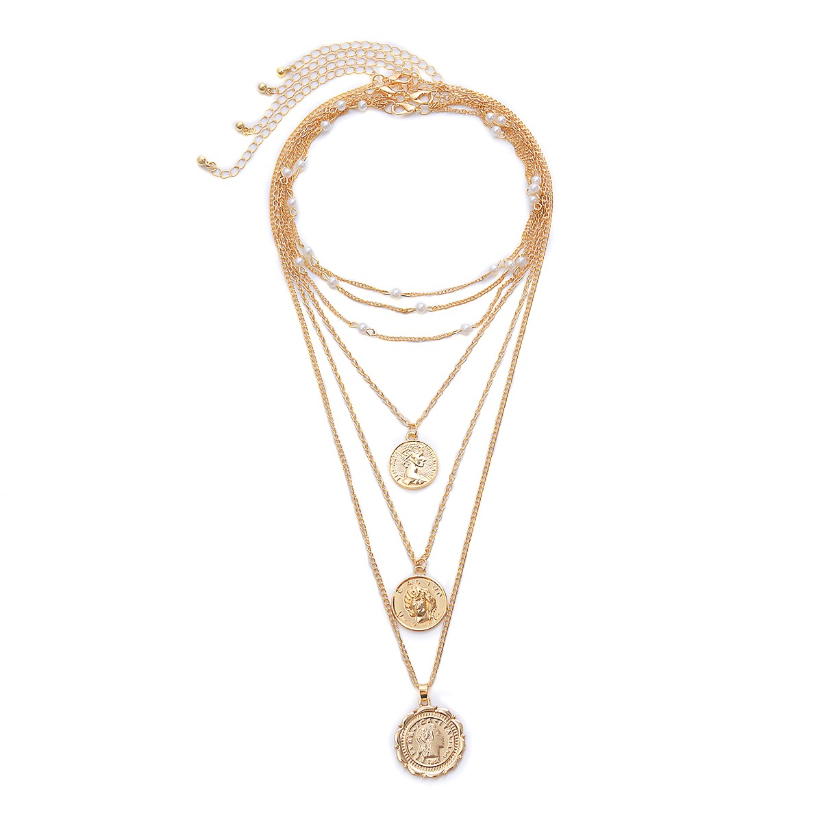 European and American cross-border jewelry, exaggerated and versatile portrait relief necklace, retro pearl imitation style tassel chain necklace Item Picture