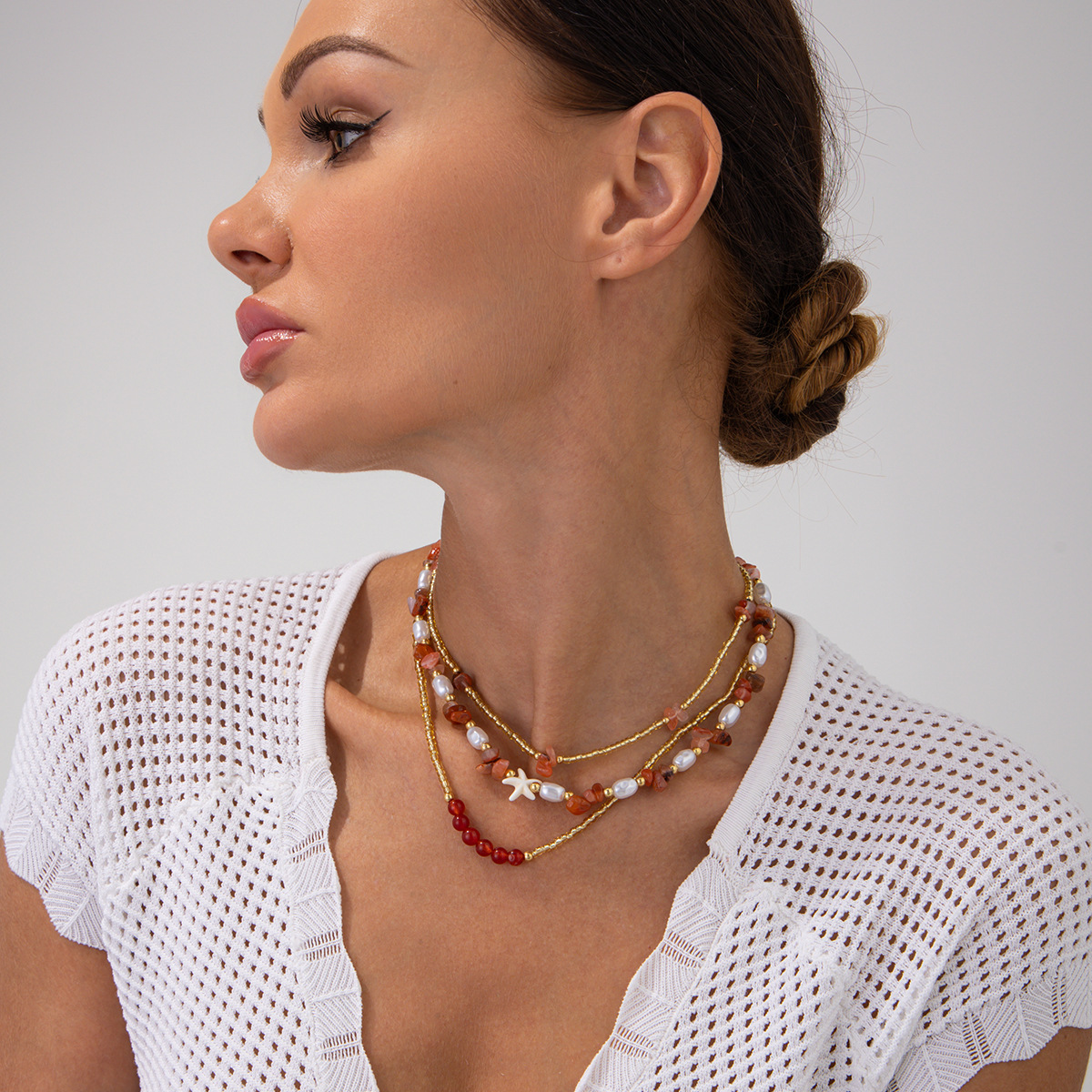European and American cross-border summer sweet pearl starfish necklace, unique irregular turquoise rice bead beaded necklace for women full figure