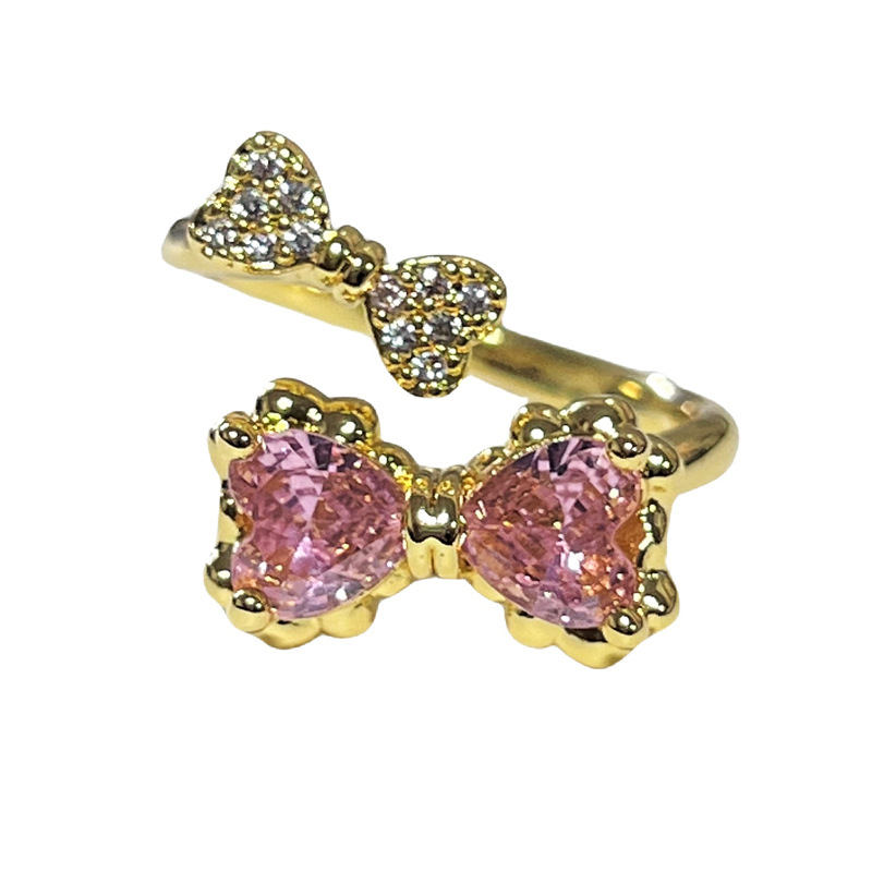 Sweet and girlish, elegant pink diamond heart-shaped bow ring for women, simple, individual, niche and cold style exquisite ring Item Picture