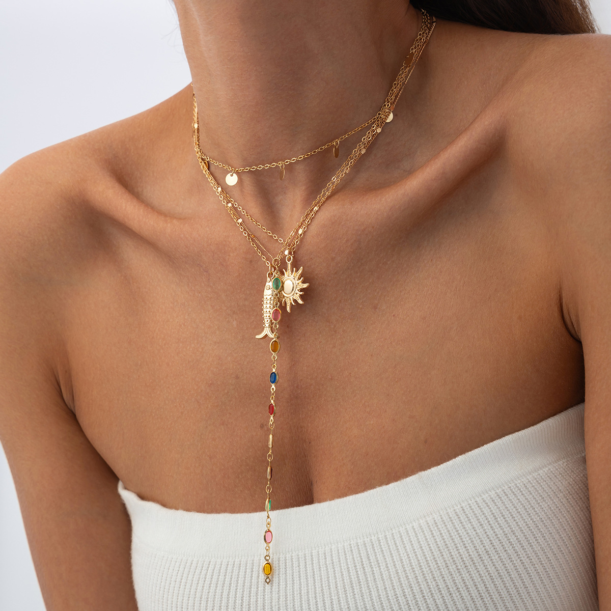 European and American cross-border jewelry: cold style diamond-encrusted cross tassel necklace, personalized small fish and starfish pendant, collarbone chain Specification drawing