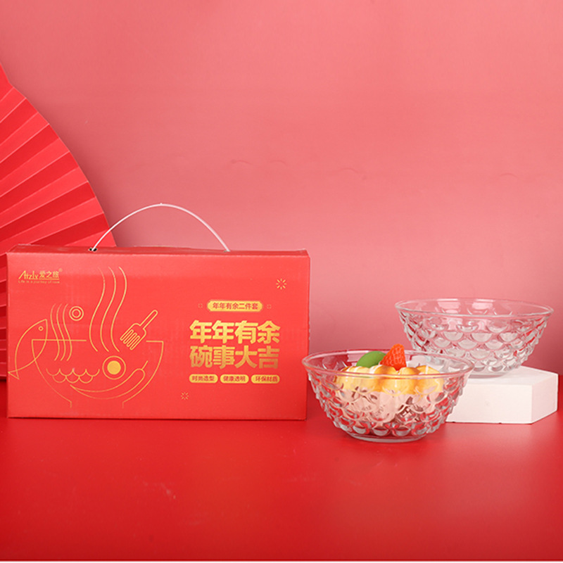 "Yearly Abundance Fish Scale Bowl Glass Crystal Bowl Six-piece gift box set, opening ceremony event gift. details Picture