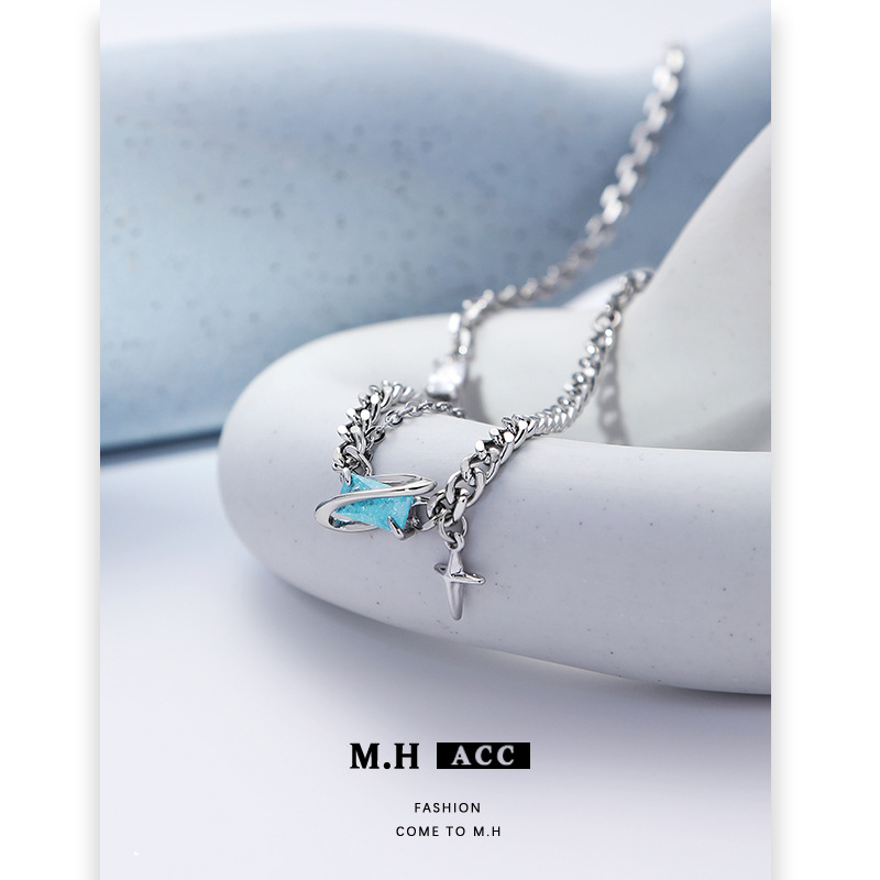 Spring and summer blue geometric necklace for women wholesale, personalized, elegant, fashionable and versatile sweater chain, light luxury and cold style accessory Specification drawing