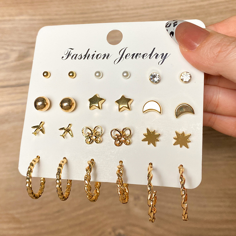 Korean jewelry world: A simple and basic alloy stud set for cross-border use from Europe and America, a creative retro card-mounted ear ring and earring set details Picture
