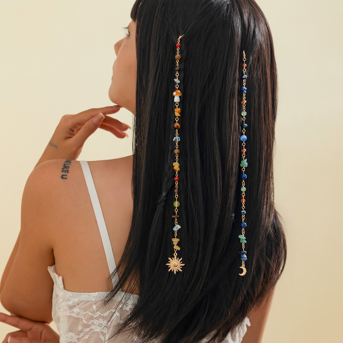 European and American cross-border accessories, tassel braided hair chains, hair chains, diverse turquoise, crystal, crushed stone, dreadlocks, hair accessories, fashionable headwear details Picture