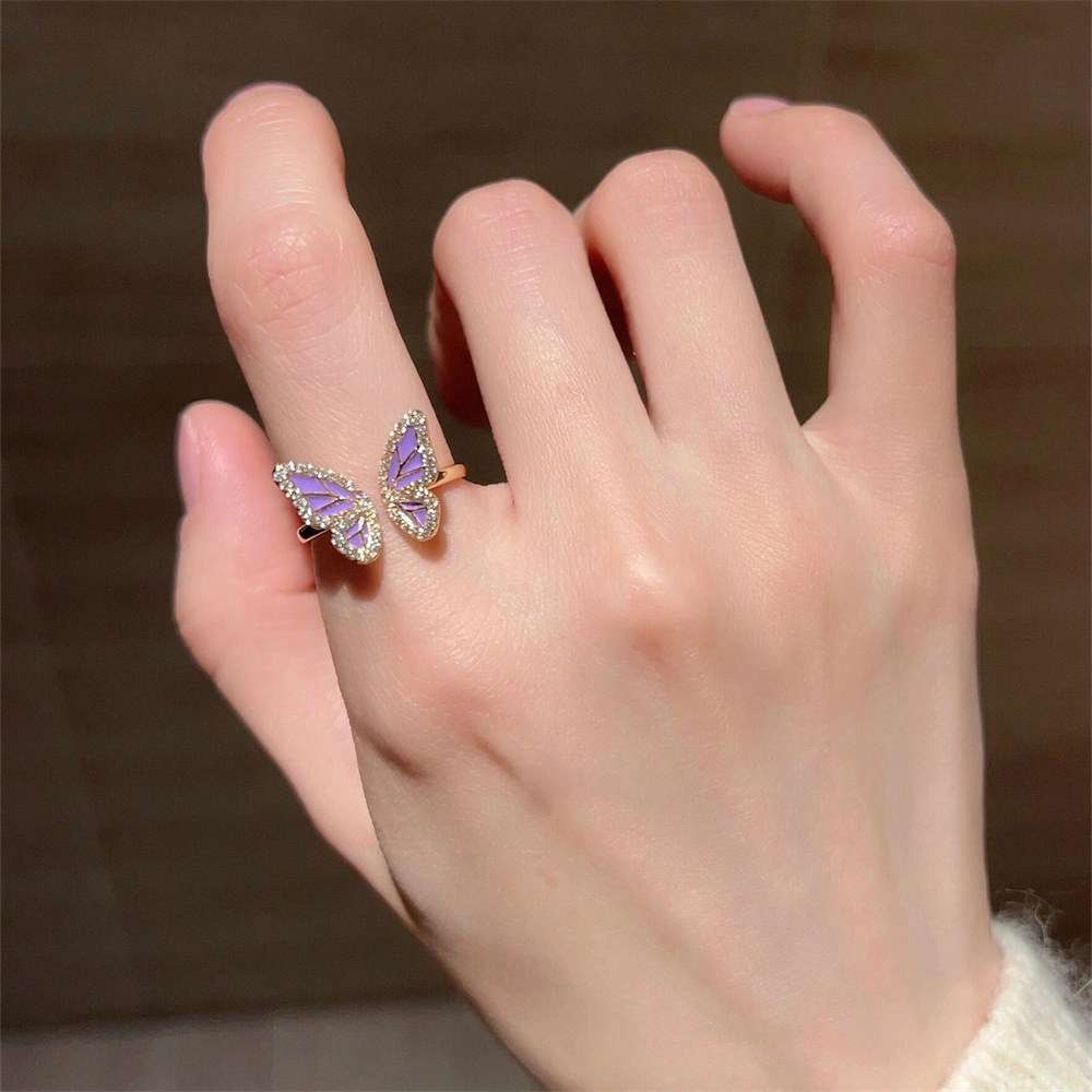 Colorful drop enamel butterfly ring, a niche design for women, exudes an exquisite and high-end feel. Unique small diamond ring, a new type of jewelry details Picture
