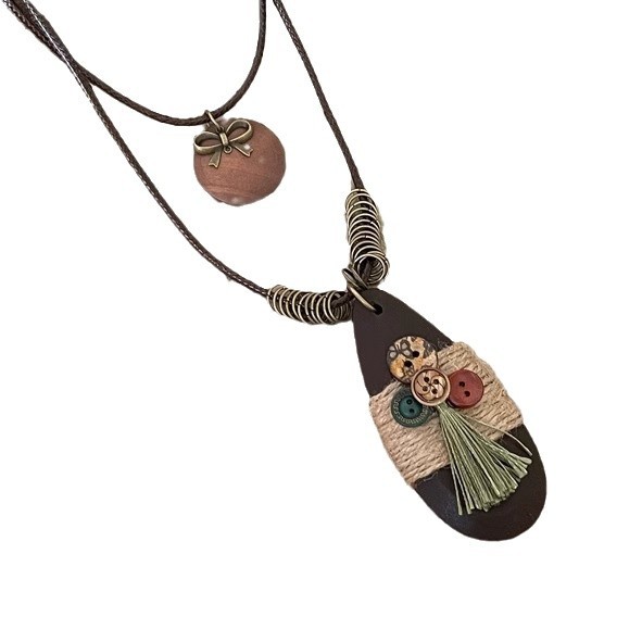 Bohemian-style retro button water drop pendant necklace for women, 2024 new ethnic style long sweater chain necklace Item Picture