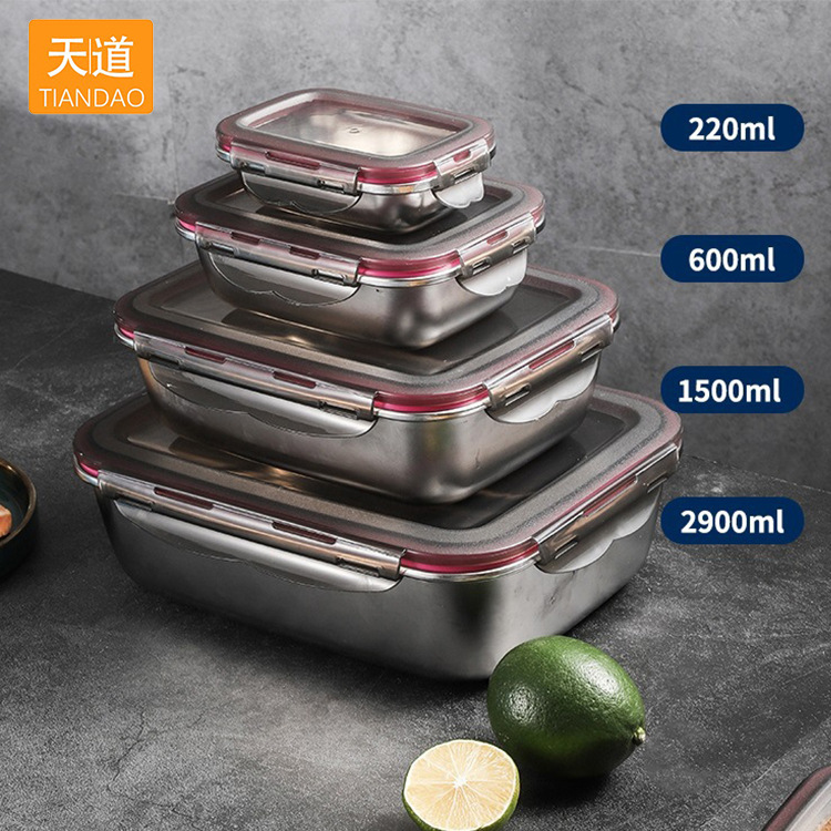 304 stainless steel square sealed food storage box with lid, sealed food storage lunch box set, refrigerator storage box full figure