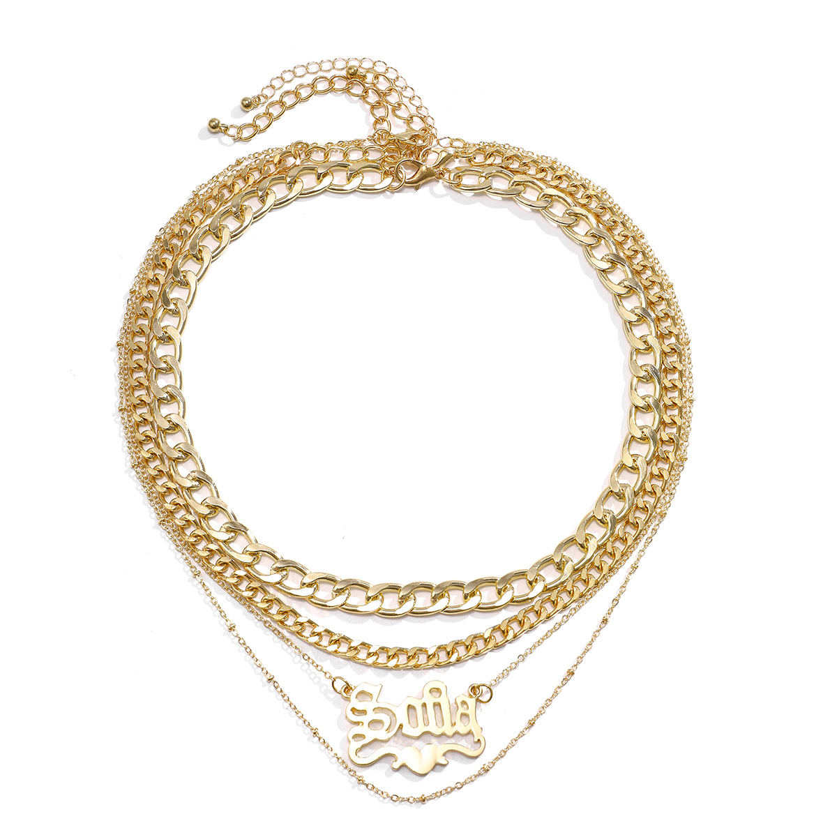 European and American cross-border jewelry: Simple tassel multi-layer hollowed-out chain necklace, geometric letter retro metal necklace Item Picture