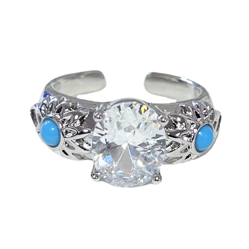 A new trend of mid-style pigeon egg with sparkling diamonds and Daisy imitation turquoise ring for women, featuring a light luxury, niche and high-end feel Item Picture