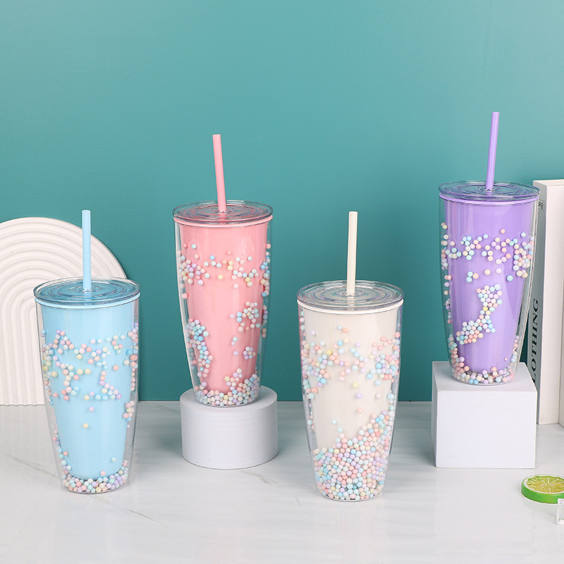 【 Customized Processing 】 Wholesale of straw water cups, popular foam double-layer crushed ice cups, fashionable plastic cups, and couple suction cups full figure