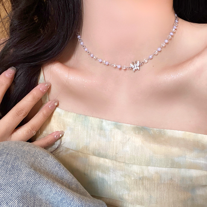 Pearl crystal butterfly necklace for women's summer, light luxury and niche design sense collarbone chain choker neck chain necklace details Picture