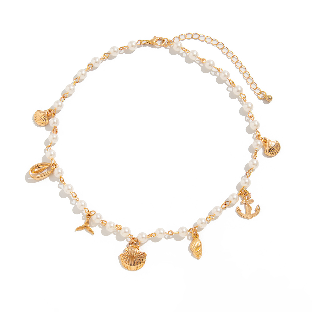 European and American cross-border jewelry, beach and ocean style pearl string necklace, vacation conch alloy pendant, collarbone chain Item Picture