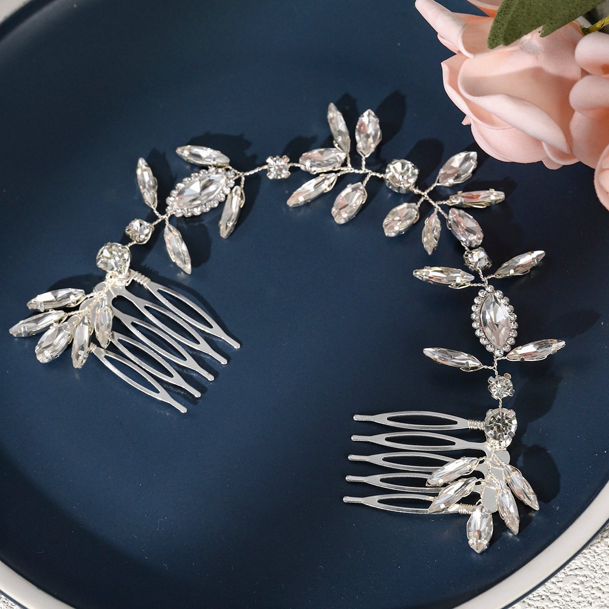 Cross-border bride wedding headwear: Super sparkling water diamond leaf bun, hair comb, beautiful wedding dress and evening gown style, double comb hair band details Picture